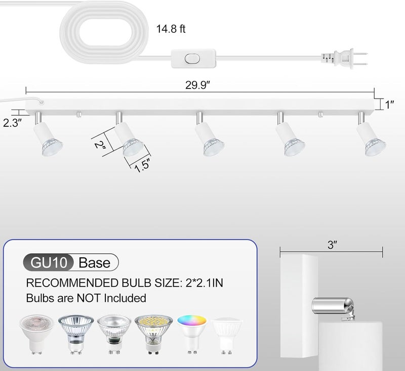 Bricosmocon Plug-in Track Lighting, LED Track Lighting Fixtures Ceiling Kit, 30" White Plug in Wall Light with 14.8ft Cord, 3-Light Ceiling Spotlight,Rotatable Kitchen Light Head for Bedroom Hallway(GU10,NO Bulb) - Image 2